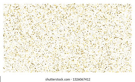 Golden polka dot small confetti on white background. Luxury festive background. Gold shiny abstract texture. Element of design. Vector 