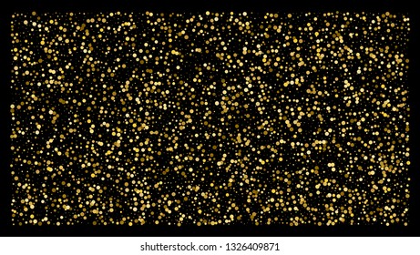 Golden polka dot small confetti on black background. Luxury festive background. Gold shiny abstract texture. Element of design. Vector 