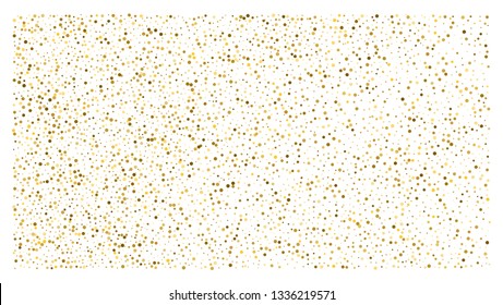 Golden polka dot small confetti on white background. Luxury festive background. Gold shiny abstract texture. Element of design. Vector 