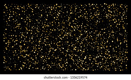 Golden polka dot small confetti on black background. Luxury festive background. Gold shiny abstract texture. Element of design. Vector 