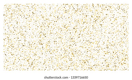 Golden polka dot small confetti on white background. Luxury festive background. Gold shiny abstract texture. Element of design. Vector 