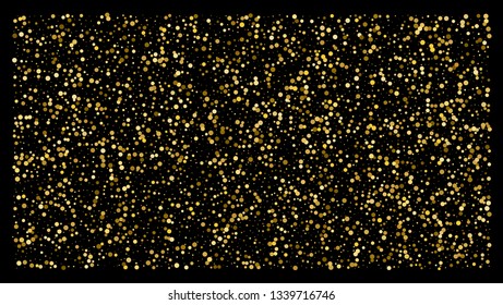 Golden polka dot small confetti on black background. Luxury festive background. Gold shiny abstract texture. Element of design. Vector 