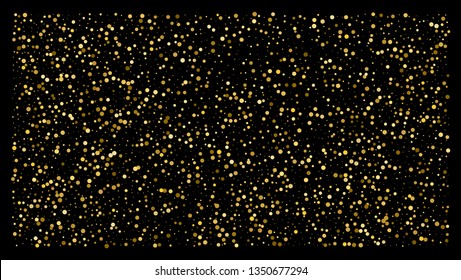 Golden polka dot small confetti on black background. Luxury festive background. Gold shiny abstract texture. Element of design. Vector 