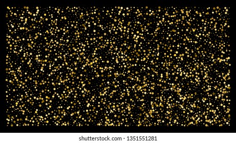 Golden polka dot small confetti on black background. Luxury festive background. Gold shiny abstract texture. Element of design. Vector 