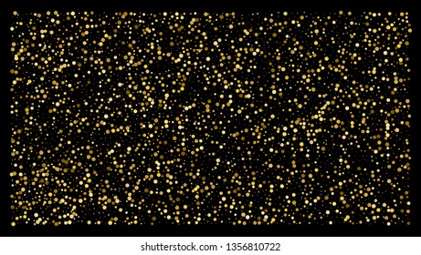 Golden polka dot small confetti on black background. Luxury festive background. Gold shiny abstract texture. Element of design. Vector 