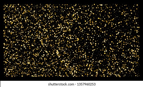 Golden polka dot small confetti on black background. Luxury festive background. Gold shiny abstract texture. Element of design. Vector 