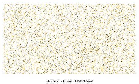 Golden polka dot small confetti on white background. Luxury festive background. Gold shiny abstract texture. Element of design. Vector 