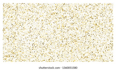 Golden polka dot small confetti on white background. Luxury festive background. Gold shiny abstract texture. Element of design. Vector 