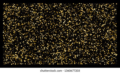 Golden polka dot small confetti on black background. Luxury festive background. Gold shiny abstract texture. Element of design. Vector 