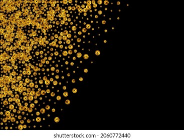 Golden Polka Happy Vector Black Background. Abstract Rain Card. Yellow Splash Falling Wallpaper. Shine Luxury Pattern.