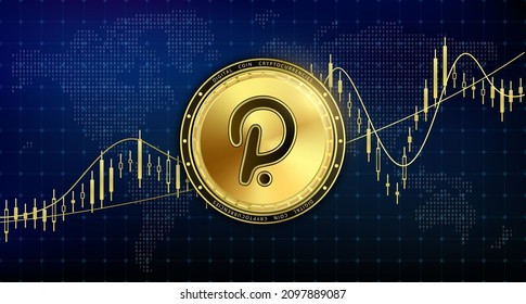 Golden polkadot currency coin. Electronic crypto currency modern technology. Digital cryptocurrency block chain market token banner. On world map chart background. 3D Vector.