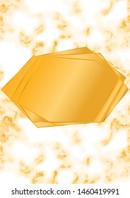 Golden polygon card on marble background. Wedding invitation design. Geometric frame. Brochure, cover template. Vector