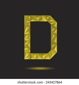 Golden polygonal alphabet, Letter D, Vector illustration.