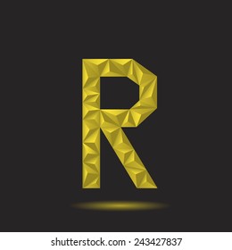 Golden polygonal alphabet, Letter R, Vector illustration.