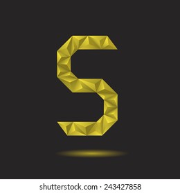 Golden polygonal alphabet, Letter S, Vector illustration.