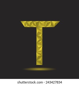 Golden polygonal alphabet, Letter T, Vector illustration.