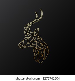 Golden polygonal Antelope illustration isolated on black background. Geometric animal emblem. Vector illustration