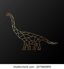 Golden polygonal Brachiosaurus dinosaur illustration isolated on black background. Geometric dinosaur emblem. Vector illustration.