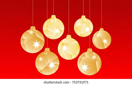Golden polygonal Christmas balls  and stars on red background consisting of triangles. 