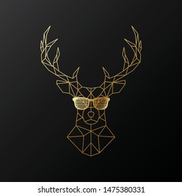 Golden polygonal Deer in glasses. Illustration isolated on black background. Geometric animal emblem. Vector illustration.