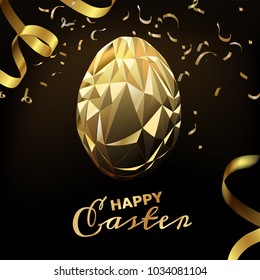 Golden polygonal egg with Happy Easter texts, ribbon and  confetti. Vector Illustration for card, banner, background , wallpaper or template with beautiful golden polygon style. 