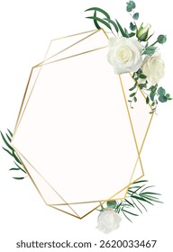 Quadro poligonal dourado adornado com rosas brancas elegantes, eucalipto exuberante e folhas verdes vibrantes, formando um belo design de convite de casamento perfeito para celebrar amor e romance