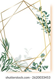 Quadro poligonal dourado adornado com folhas de eucalipto verde exuberantes, elaborando um convite de casamento elegante ou cartão de saudação com amplo espaço de cópia para mensagens personalizadas