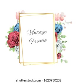 Golden polygonal frames with elegant flowers. Vector image