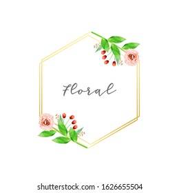 Golden polygonal frames with elegant flowers. Vector image