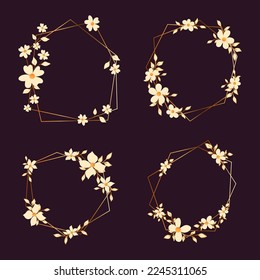 Golden polygonal frames with elegant flowers. Floral bouquet design. Wedding invitation arrangement