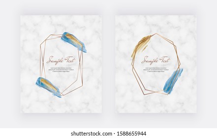 Golden polygonal lines frames with gold and blue watercolor brush stroke texture. Trendy marble templates for wedding invitation, banner, flyer, poster, greeting.
