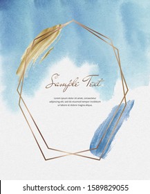 Golden polygonal lines frames with gold and blue watercolor brush stroke texture. Trendy marble templates for wedding invitation, banner, flyer, poster, greeting.
