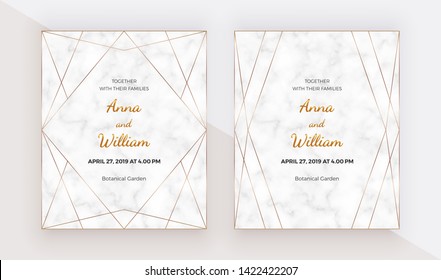 Golden polygonal lines frames on the marble texture. Geometric wedding invitation. Trendy templates for banner, flyer, poster, greeting.
