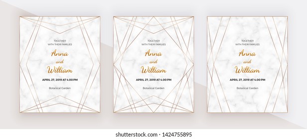 Golden polygonal lines frames on the marble texture. Geometric wedding invitation. Trendy templates for banner, flyer, poster, greeting.
