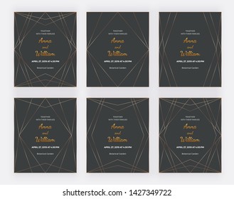 Golden polygonal lines frames on the black background. Luxury geometric design cards. Trendy templates for banner, flyer, poster, greeting, save the date, logo, wedding invitation
