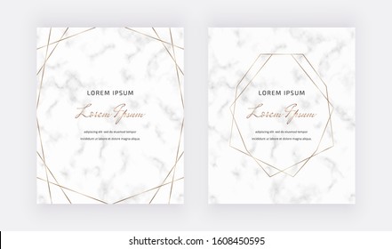 Golden polygonal lines and geometric frames on the marble texture. Modern design for backgrounds, wedding invitation, product package, brochure, menu, banner, card, flyer.
