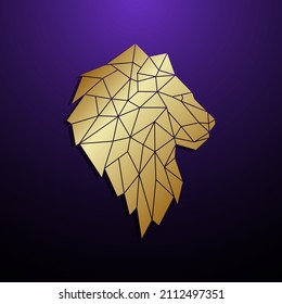 Golden Polygonal Lion Head. King Leo in geometric style. Golden animal emblem. Lion head side view. Stock vector illustration. 