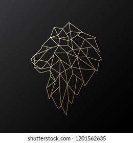 Golden polygonal Lion illustration isolated on black background. Geometric animal emblem. Vector illustration.