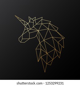 Golden polygonal Unicorn illustration isolated on black background. Geometric animal emblem. Vector illustration.