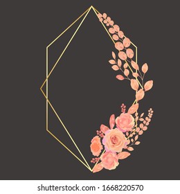 Golden polygonal vintage frames with flowers and leaves. Vector image