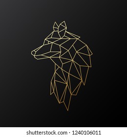 Golden polygonal Wolf illustration isolated on black background. Geometric animal emblem. Vector illustration.