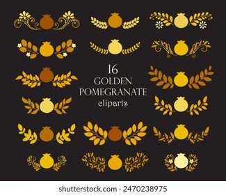 Golden pomegranate cliparts collection of isolaed vector elements