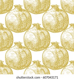 Golden pomegranate seamless pattern in vintage stippling style. Hand drawn. Vector illustration. Design for food, cosmetics, medicinal, homeopathy products and more. All over print.