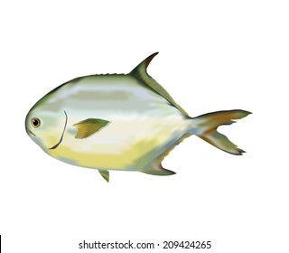 Golden Pompano Fish layered vector illustration. Detailed realistic fish image vs. white background. Banner for food package labeling, restaurant menu decoration, T- shorts, decals. Editable  EPS10.