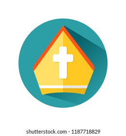 Golden pope tiara. Shiny gold hat of church servant. Religious object. Flat vector element icon. 