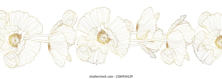 Golden Poppy flowers garland Illustration. Wild line flowers frame.  Summer time border frame. 