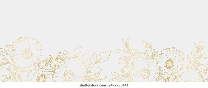 Flores de amapola dorada arte de línea aislado sobre fondo blanco. Elementos de diseño florales de lujo para invitación, boda, Fondo de pantalla, Plantilla de impresión, Ilustración vectorial