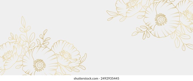 Flores de amapola dorada arte de línea aislado sobre fondo blanco. Elementos de diseño florales de lujo para invitación, boda, Fondo de pantalla, Plantilla de impresión, Ilustración vectorial