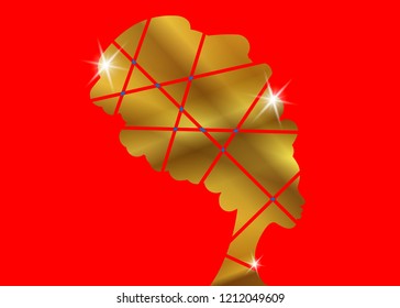 Golden portrait beautiful African woman in traditional turban, Gold black women vector silhouette isolated or red background , luxury logo design hairstyle concept or jewelry store precious logotype