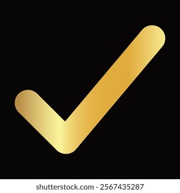 Golden positive vote button with checkmark accept complete task badge vector illustration. Success gold confirmation logotype keypad agree approved check mark. Done checkbox. Tick button emoji icon.